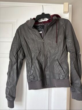 Empyre Gray Faux Leather Hooded Jacket with Burgundy Hood Lining